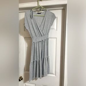 Caution to the wind dress, striped gray, and white